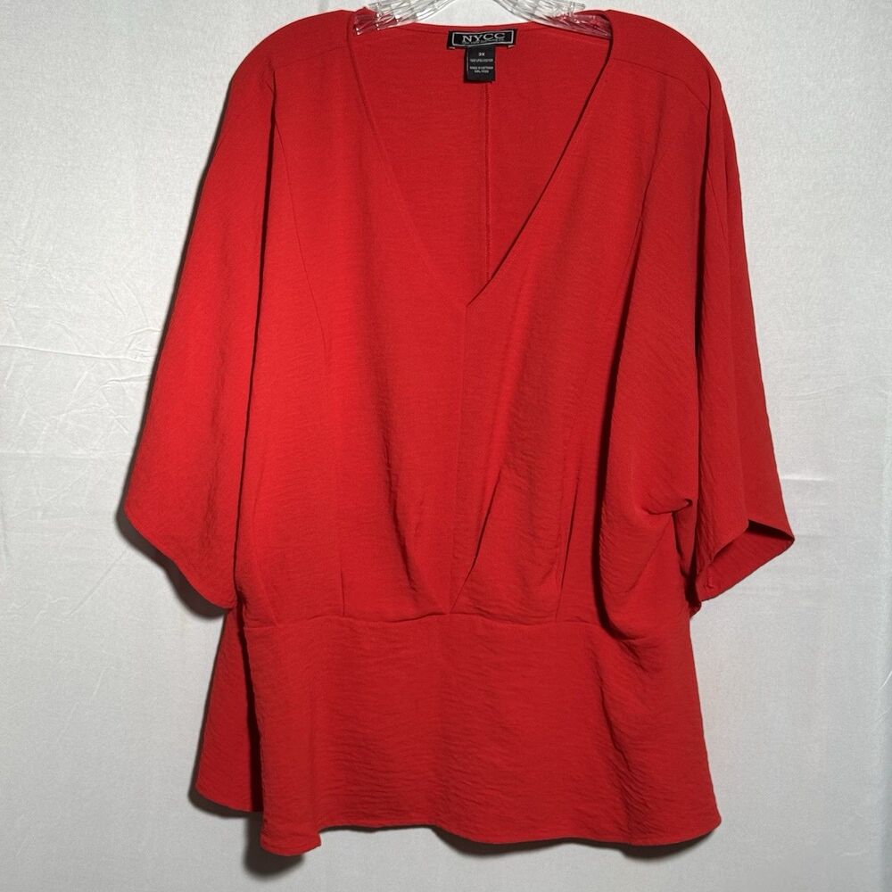 NYCC New York Clothing Co Womens 3X Red V Neck Blouse Tunic Dolman Sleeve Plus
